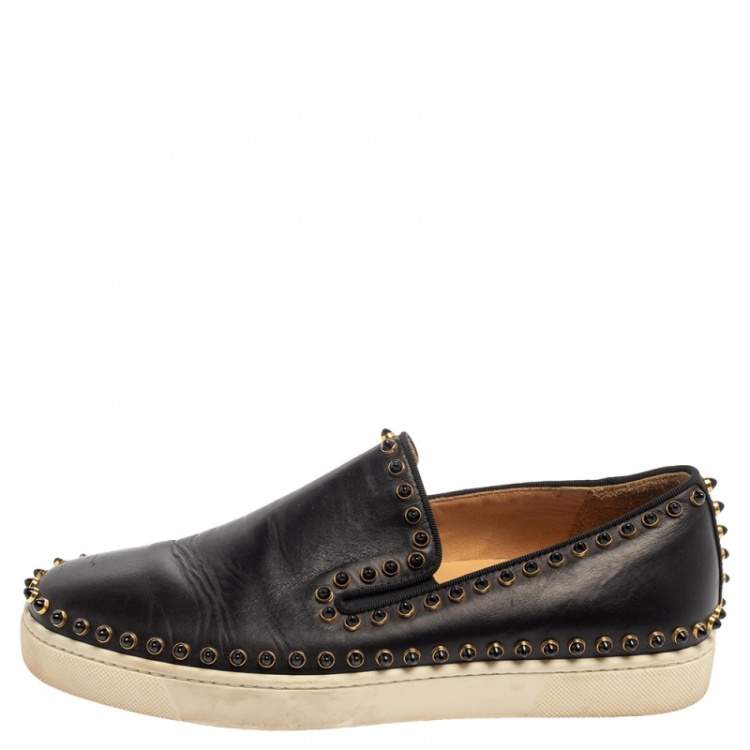 Pre Owned Christian Louboutin Black Leather Spike Pik Boat Slip On Sneakers Size 40