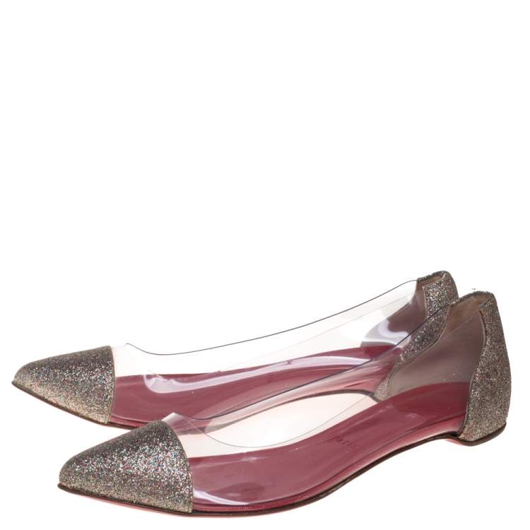 مملوكة مسبقًا Christian Louboutin Gold Glitter and PVC Corbeau Pointed Toe Flats Size 36.5