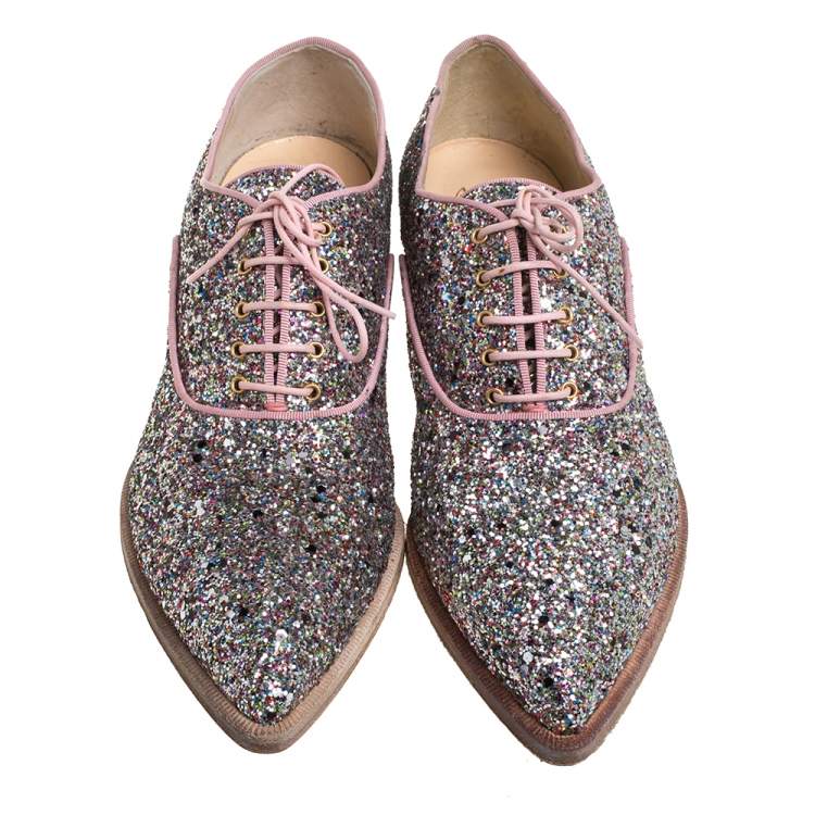 Pre Owned Christian Louboutin Multicolor Glitter Zazou Lace Up Oxfords Size 42