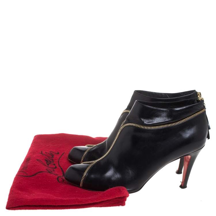 Pre Owned Christian Louboutin Black Leather Col Zipped Ankle Boots Size 39.5