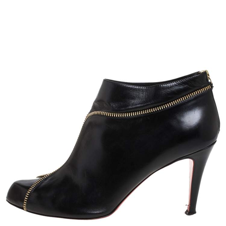 Pre Owned Christian Louboutin Black Leather Col Zipped Ankle Boots Size 39.5