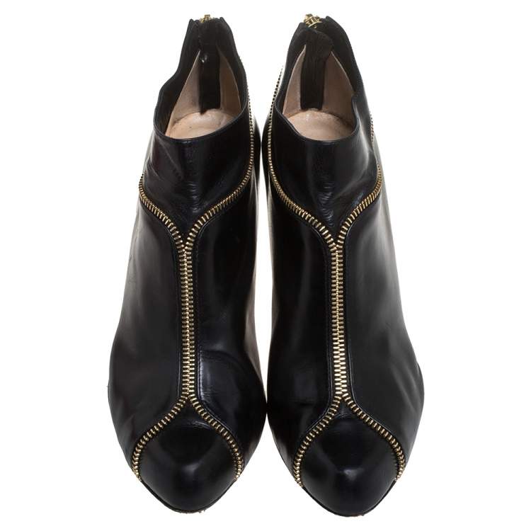 Pre Owned Christian Louboutin Black Leather Col Zipped Ankle Boots Size 39.5