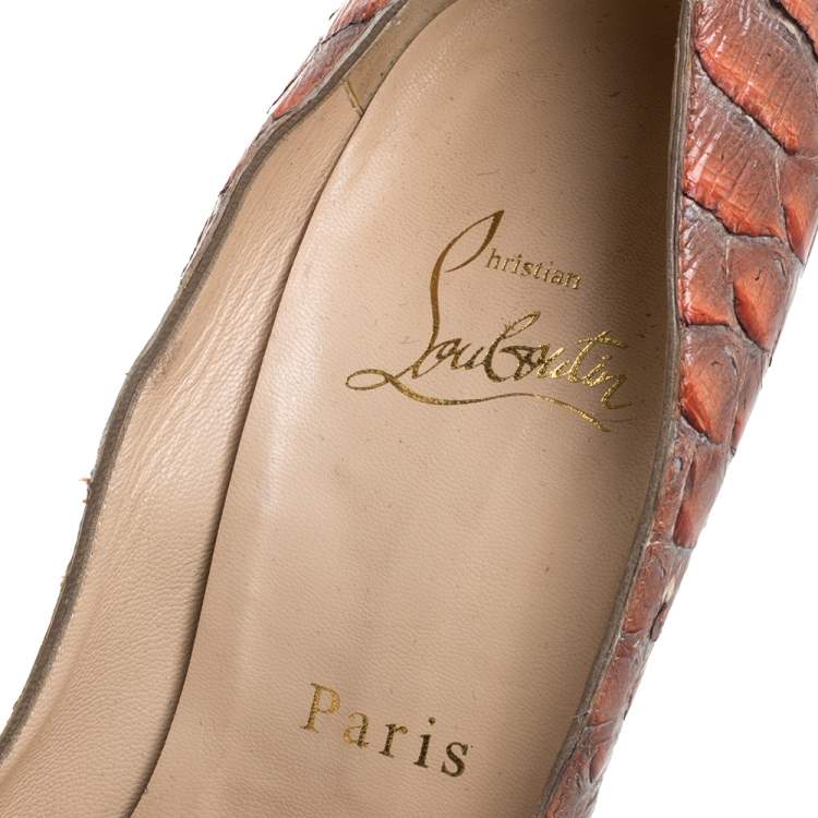 Pre Owned Christian Louboutin Orange/Grey Python Lady Peep Pumps Size 38