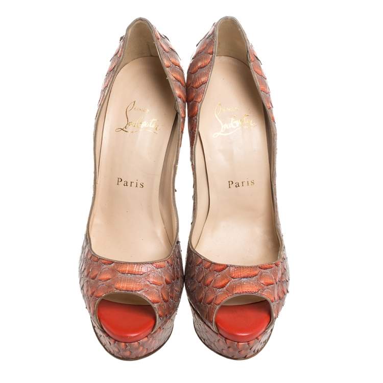 Pre Owned Christian Louboutin Orange/Grey Python Lady Peep Pumps Size 38