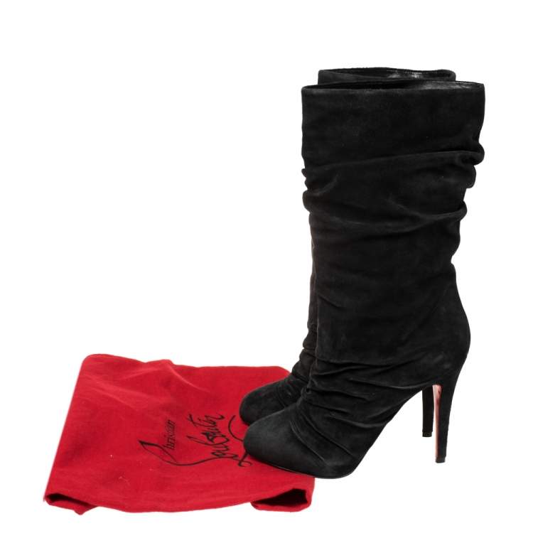 Pre Owned Christian Louboutin Black Pleated Suede Prios Mid Calf Boots Size 36