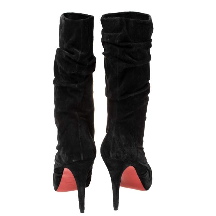 Pre Owned Christian Louboutin Black Pleated Suede Prios Mid Calf Boots Size 36