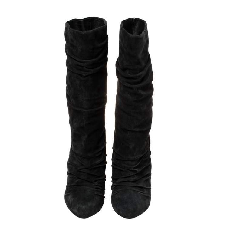 Pre Owned Christian Louboutin Black Pleated Suede Prios Mid Calf Boots Size 36