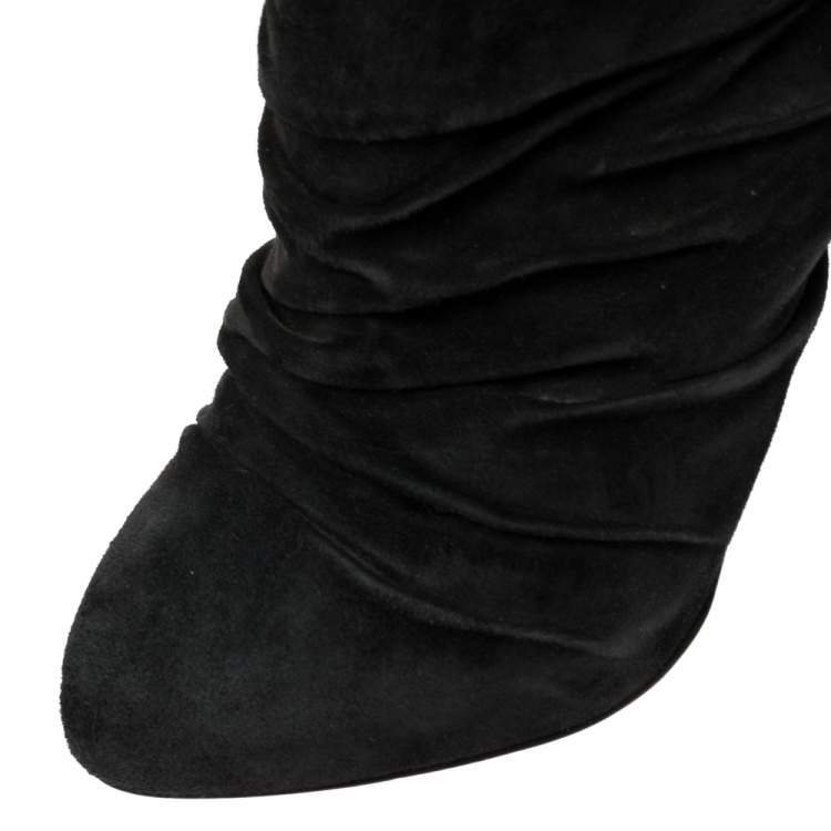 Pre Owned Christian Louboutin Black Pleated Suede Prios Mid Calf Boots Size 36