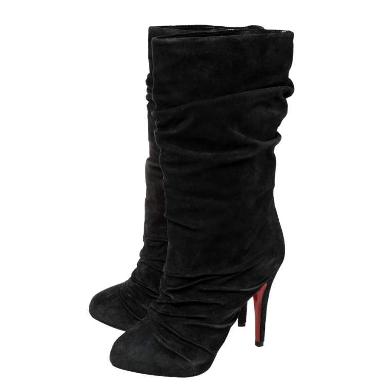 Pre Owned Christian Louboutin Black Pleated Suede Prios Mid Calf Boots Size 36