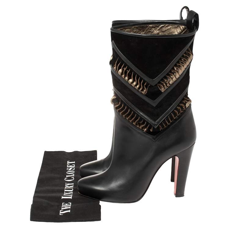 Pre Owned Christian Louboutin Black/Metallic Bronze Suede And Leather Romy Midcalf Boots Size 40