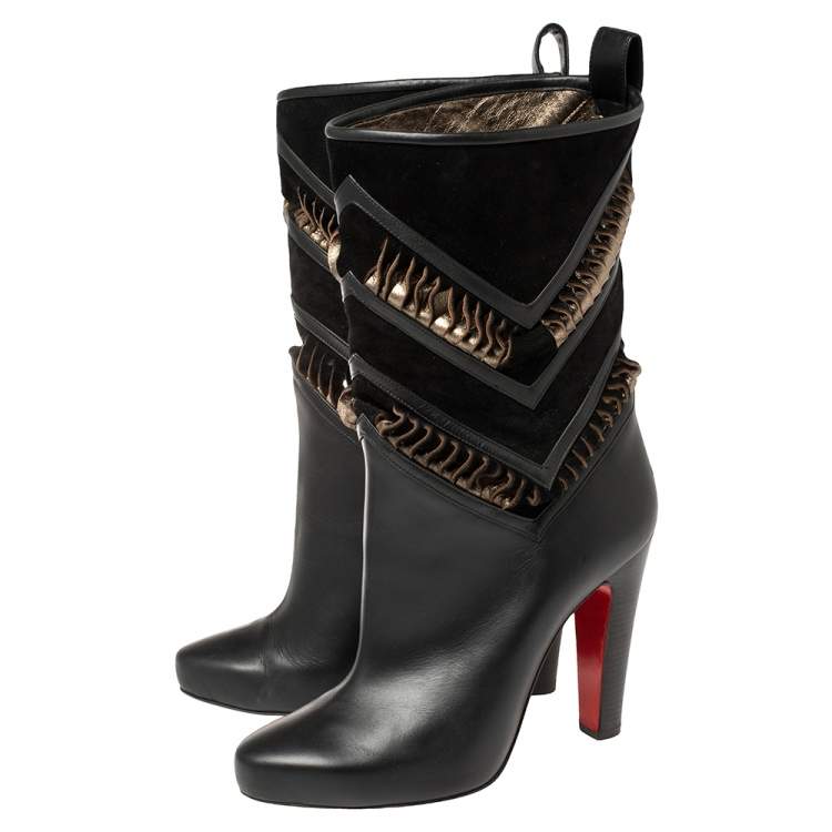 Pre Owned Christian Louboutin Black/Metallic Bronze Suede And Leather Romy Midcalf Boots Size 40