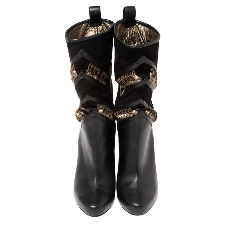 Pre Owned Christian Louboutin Black/Metallic Bronze Suede And Leather Romy Midcalf Boots Size 40