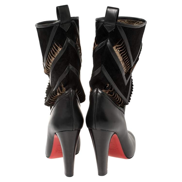 Pre Owned Christian Louboutin Black/Metallic Bronze Suede And Leather Romy Midcalf Boots Size 40