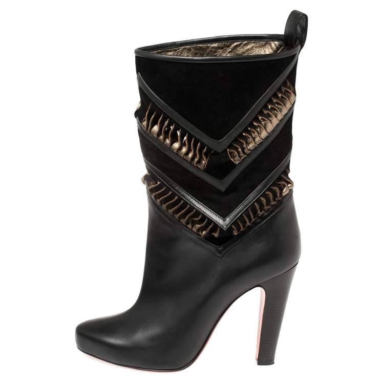 Pre Owned Christian Louboutin Black/Metallic Bronze Suede And Leather Romy Midcalf Boots Size 40