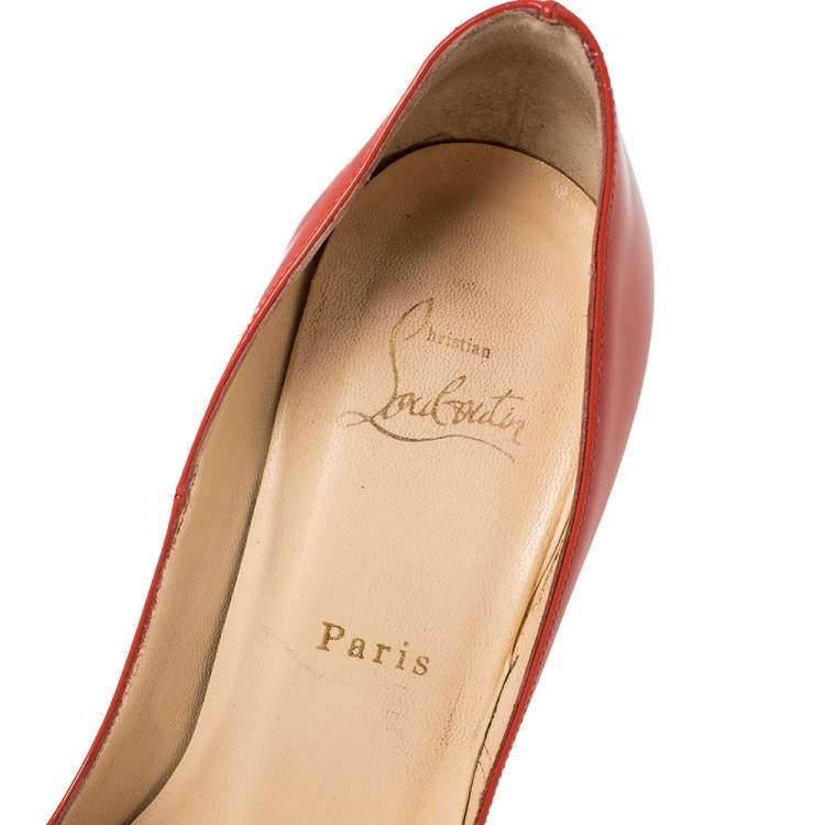 Pre Owned Christian Louboutin Red Patent Leather And Cork Lady Peep Toe Platform Pumps Size 38.5