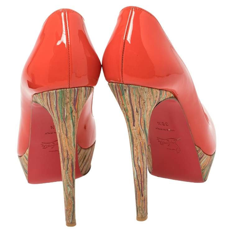 Pre Owned Christian Louboutin Red Patent Leather And Cork Lady Peep Toe Platform Pumps Size 38.5