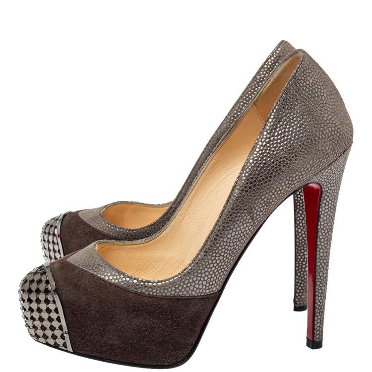Pre Owned Christian Louboutin Two Tone Textured Suede Maggie Embellished Cap Toe Platform Pumps Size 35