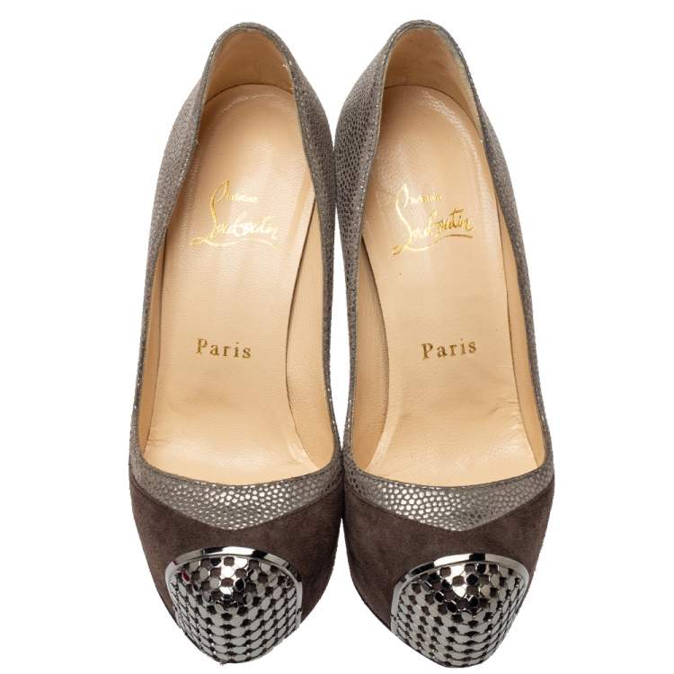 Pre Owned Christian Louboutin Two Tone Textured Suede Maggie Embellished Cap Toe Platform Pumps Size 35