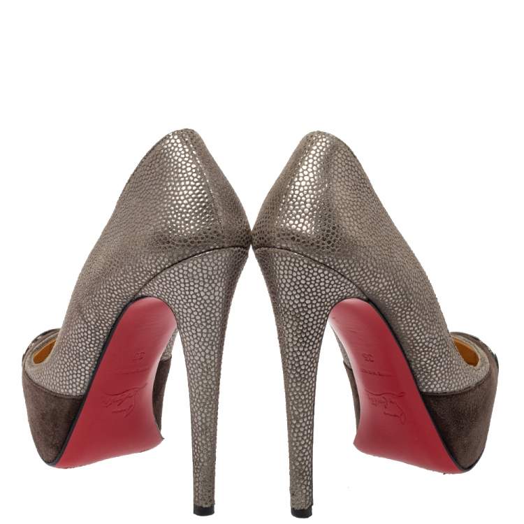 Pre Owned Christian Louboutin Two Tone Textured Suede Maggie Embellished Cap Toe Platform Pumps Size 35