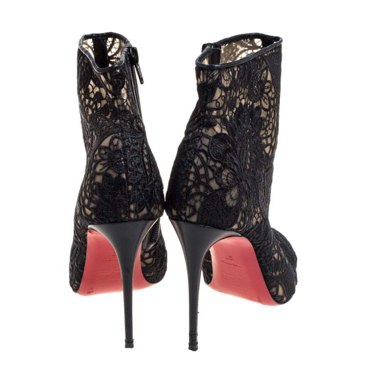 Pre Owned Christian Louboutin Black Lace Miss Tennis Ankle Boots Size 37