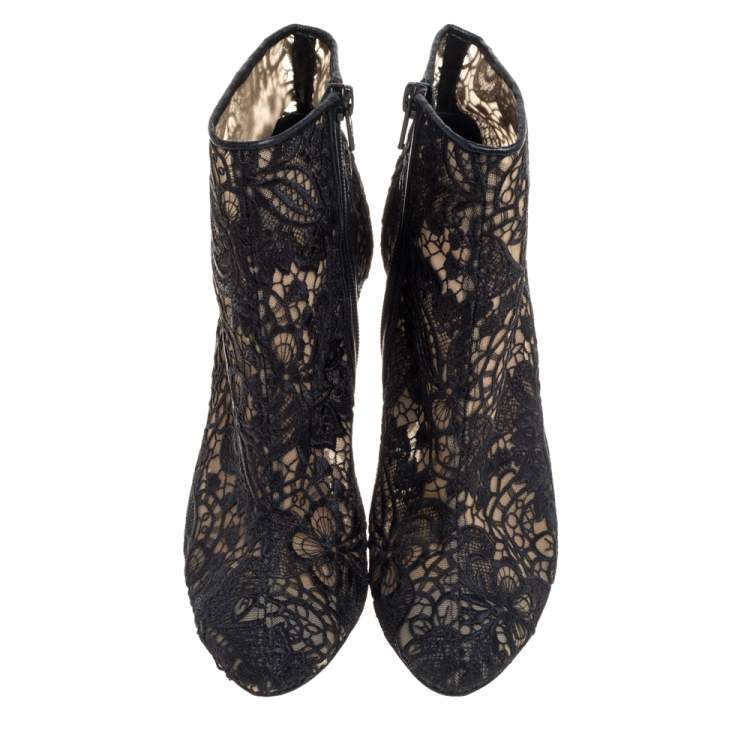 Pre Owned Christian Louboutin Black Lace Miss Tennis Ankle Boots Size 37