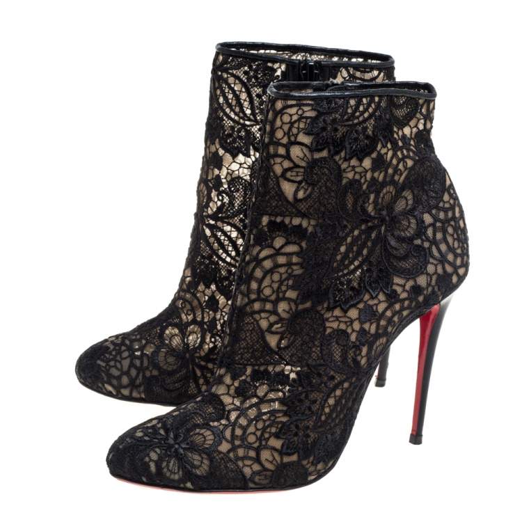 Pre Owned Christian Louboutin Black Lace Miss Tennis Ankle Boots Size 37