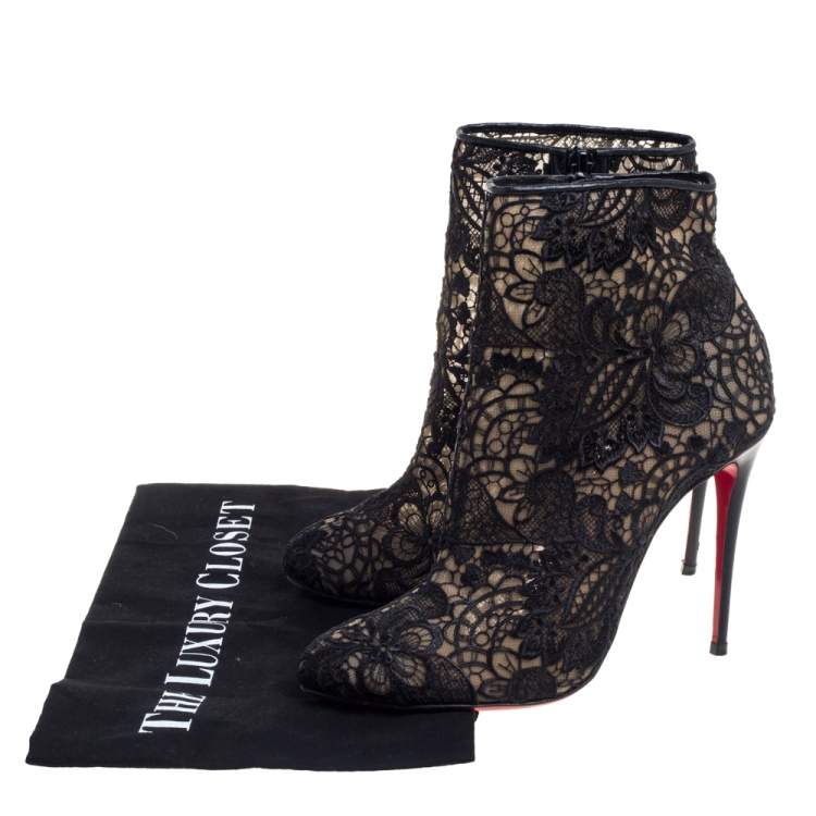 Pre Owned Christian Louboutin Black Lace Miss Tennis Ankle Boots Size 37