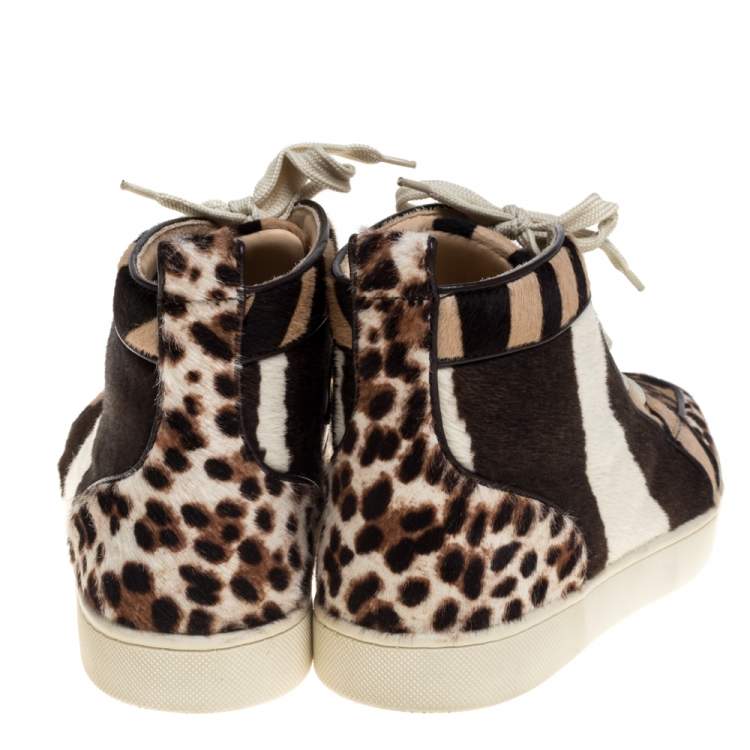 Pre Owned Christian Louboutin Brown/White Leopard Print Calf Hair Rantus Orlato High Top Sneakers Size 39