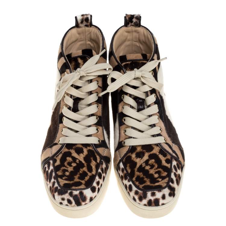 Pre Owned Christian Louboutin Brown/White Leopard Print Calf Hair Rantus Orlato High Top Sneakers Size 39