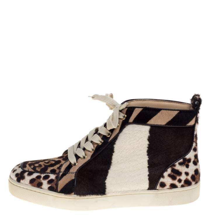 Pre Owned Christian Louboutin Brown/White Leopard Print Calf Hair Rantus Orlato High Top Sneakers Size 39