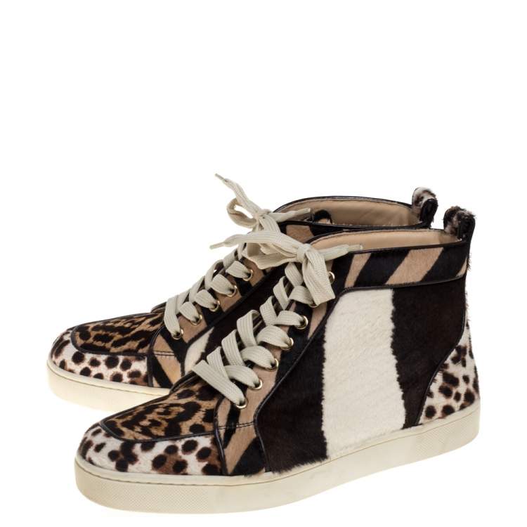 Pre Owned Christian Louboutin Brown/White Leopard Print Calf Hair Rantus Orlato High Top Sneakers Size 39