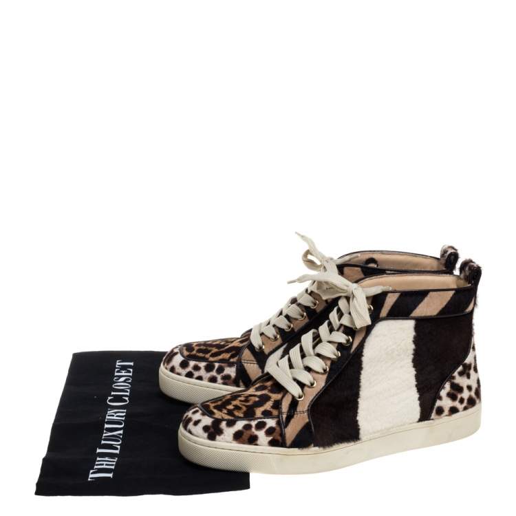 Pre Owned Christian Louboutin Brown/White Leopard Print Calf Hair Rantus Orlato High Top Sneakers Size 39