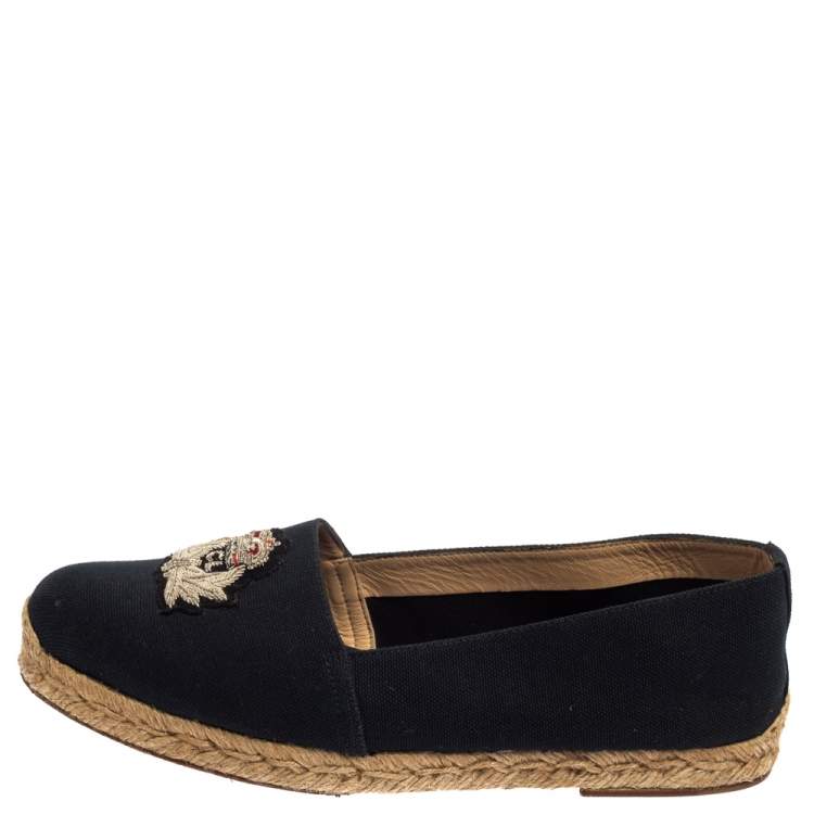 Pre Owned Christian Louboutin Navy Blue Canvas Gala Embroidered Crest Espadrilles Size 39