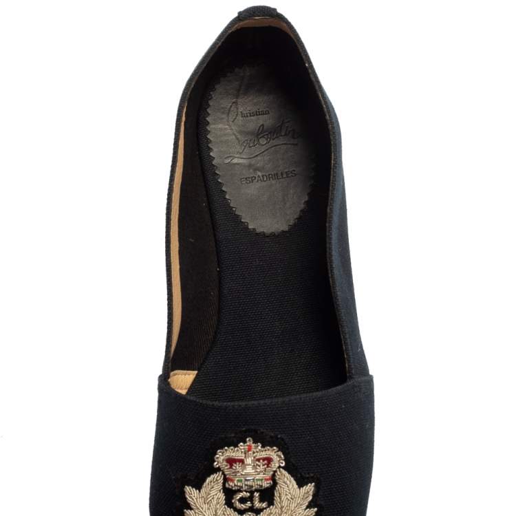 Pre Owned Christian Louboutin Navy Blue Canvas Gala Embroidered Crest Espadrilles Size 39