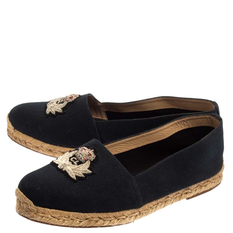 Pre Owned Christian Louboutin Navy Blue Canvas Gala Embroidered Crest Espadrilles Size 39