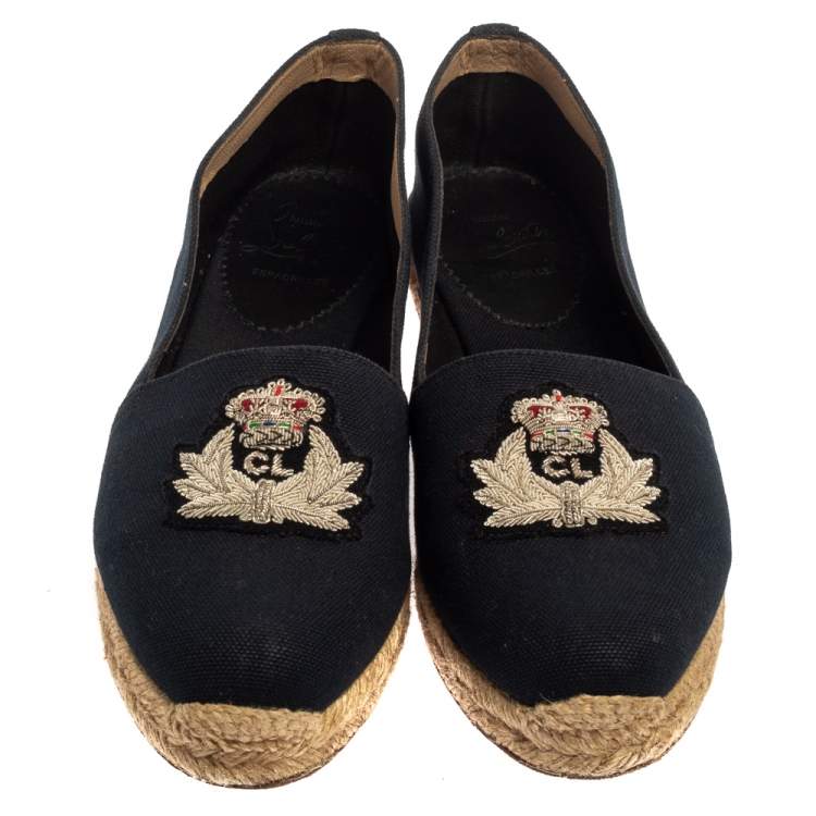 Pre Owned Christian Louboutin Navy Blue Canvas Gala Embroidered Crest Espadrilles Size 39