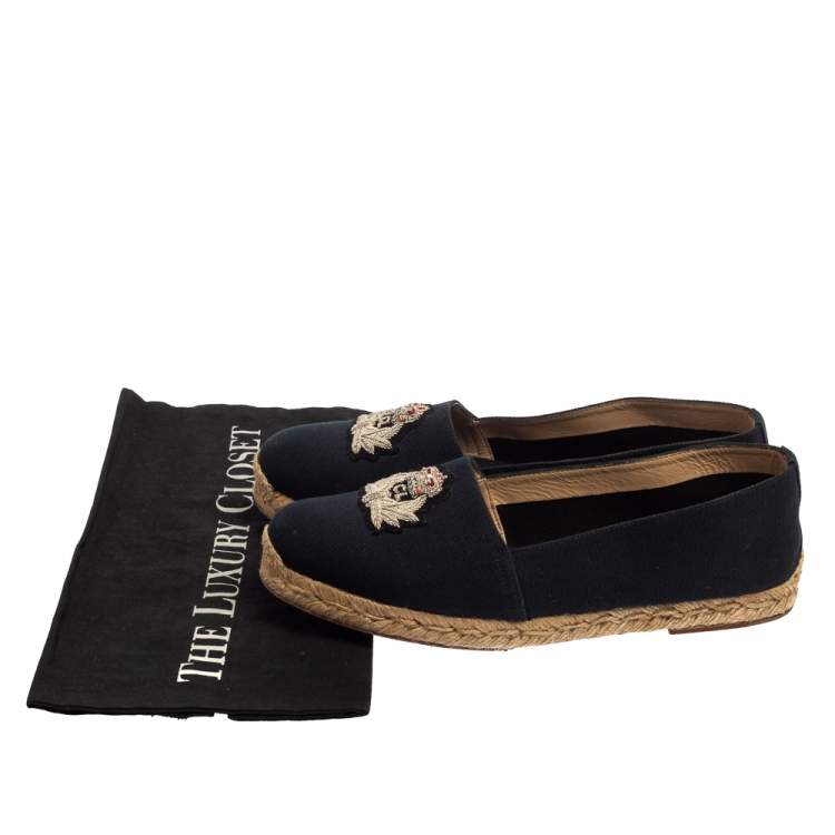 Pre Owned Christian Louboutin Navy Blue Canvas Gala Embroidered Crest Espadrilles Size 39