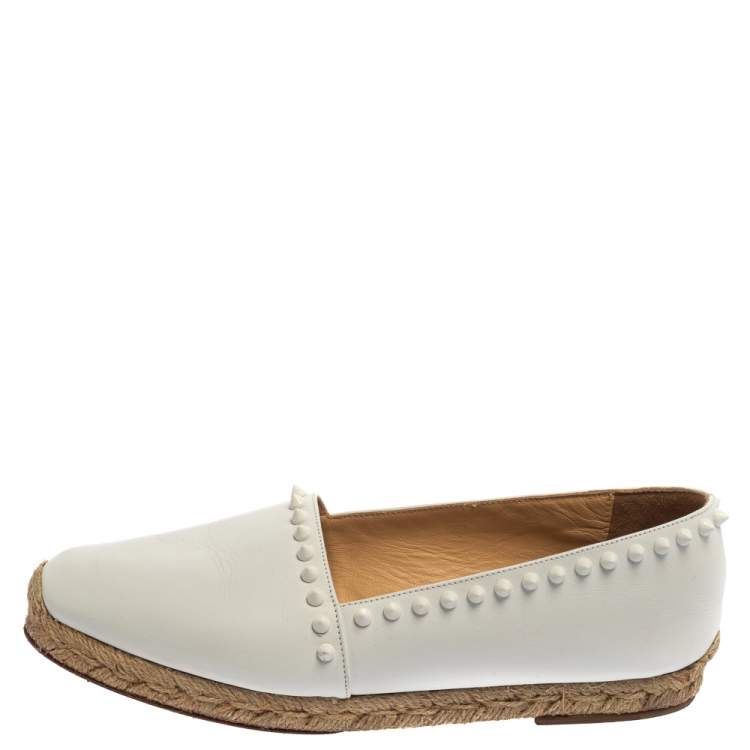 Pre Owned Christian Louboutin White Leather Melides Spike Trim Flat Espadrilles Size 39