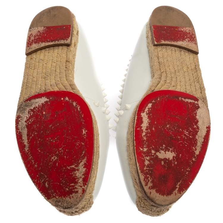 Pre Owned Christian Louboutin White Leather Melides Spike Trim Flat Espadrilles Size 39