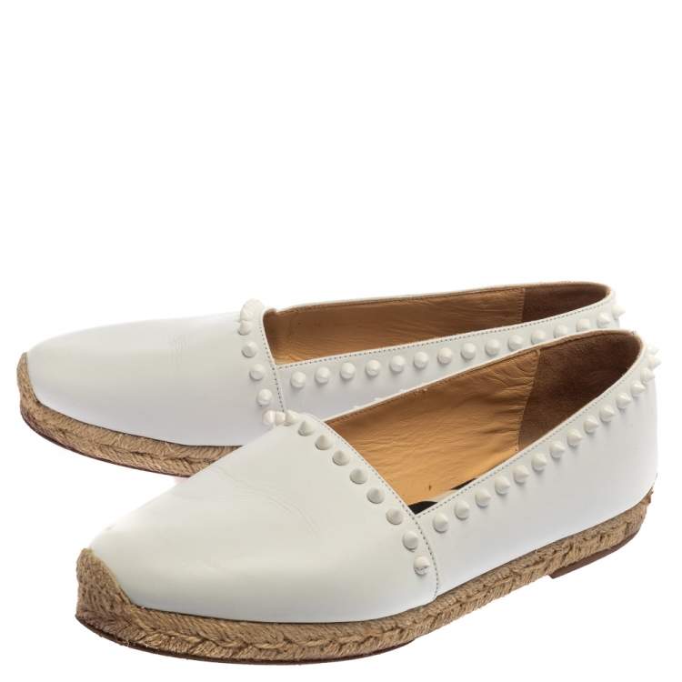 Pre Owned Christian Louboutin White Leather Melides Spike Trim Flat Espadrilles Size 39