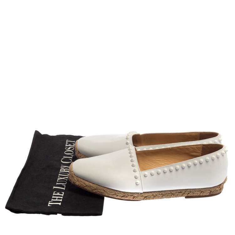 Pre Owned Christian Louboutin White Leather Melides Spike Trim Flat Espadrilles Size 39