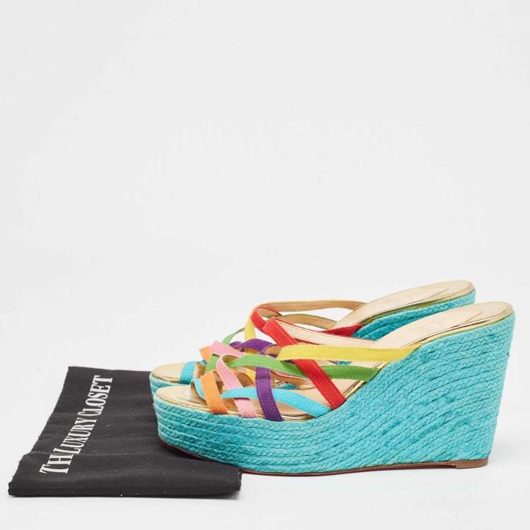 Pre Owned Christian Louboutin Multicolor Fabric Crepon 110 Espadrille Wedge Platform Sandals Size 40