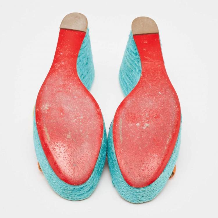 Pre Owned Christian Louboutin Multicolor Fabric Crepon 110 Espadrille Wedge Platform Sandals Size 40