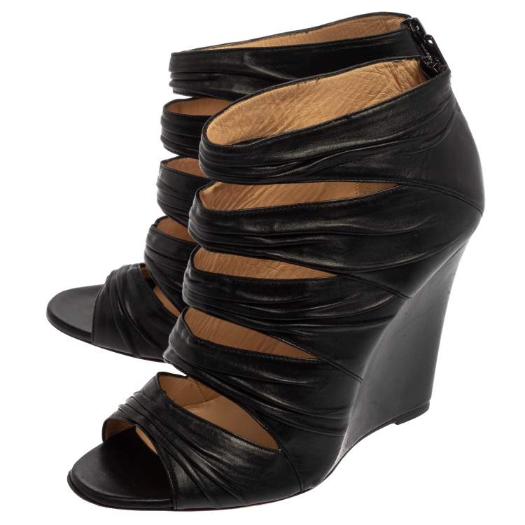 Pre Owned Christian Louboutin Black Leather Ruched Cut Out Developpa Booties Size 39