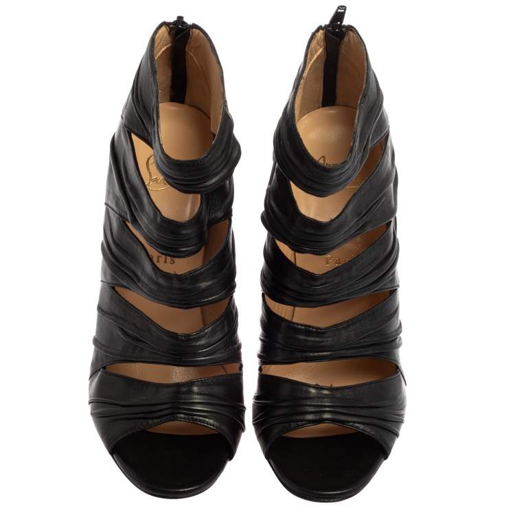 Pre Owned Christian Louboutin Black Leather Ruched Cut Out Developpa Booties Size 39