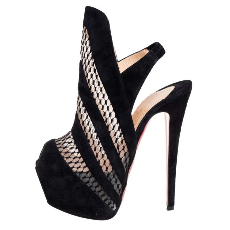 Pre Owned Christian Louboutin Suede and Lace Guizi Platform Ankle Boots Size 36.5