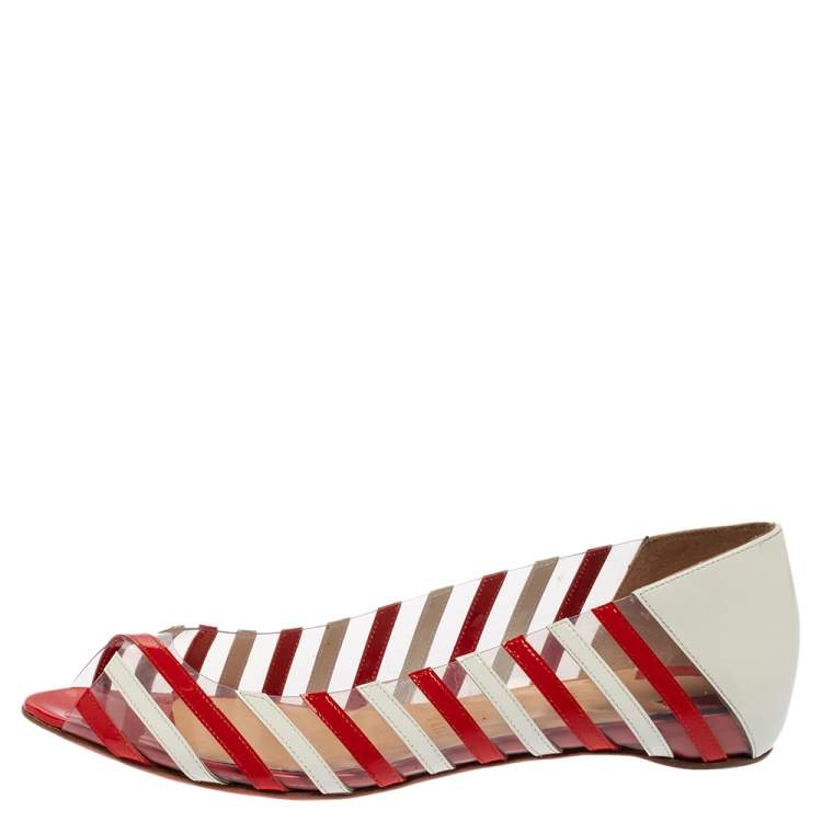 Pre Owned Christian Louboutin Red Patent Leather and PVC Peep Toe A6 Ballet Flats Size 38