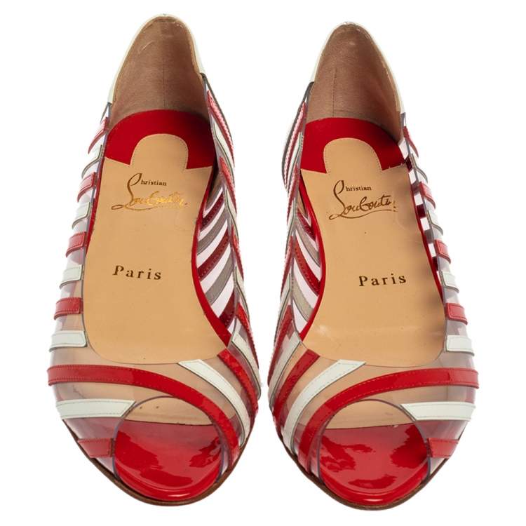 Pre Owned Christian Louboutin Red Patent Leather and PVC Peep Toe A6 Ballet Flats Size 38