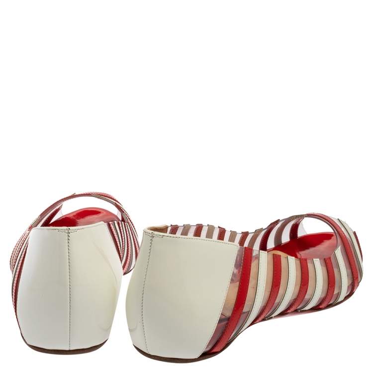 Pre Owned Christian Louboutin Red Patent Leather and PVC Peep Toe A6 Ballet Flats Size 38