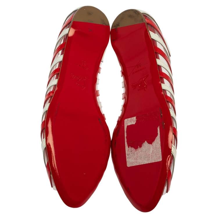 Pre Owned Christian Louboutin Red Patent Leather and PVC Peep Toe A6 Ballet Flats Size 38